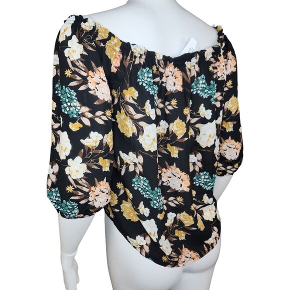 Rue 21 Women's Small Blouse Off-The Shoulder Keyhole Neckline 3/4 Sleeves Floral - Picture 10 of 13
